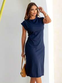 WOMEN'S MIDI DRESS 100% PREMIUM COTTON COMFORTABLE - Navy Blue - View 3
