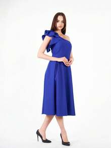 CEYLEN Elegantes asymmetrisches Kragen Einfarbiges Kleid, Partytragen - Blau - Übersicht 5