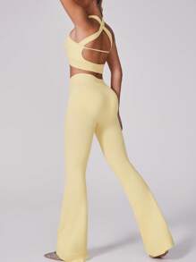 NcmRyu Women's Elastic Backless Camisole And Wide Leg Pants Sports Suit Set - Yellow - View 4