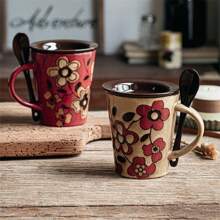 Coffee Cup Hand-Painted Chinese Style Ceramic Mug With Lid Spoon, High Aesthetic Red Cup, Birthday Gift - Multicolor - View 2