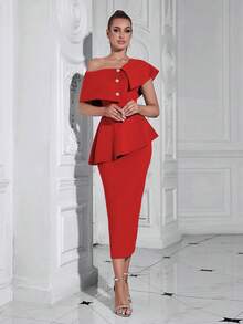 Elisanya Vestido de mujer ajustado, sexy y con botones de estilo multicapa - Rojo - Ver 4