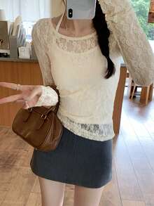 2 件套：甜美性感透明蕾丝挂脖系带上衣和无袖背心，女士夏季新品 - 杏色 - 查看 4