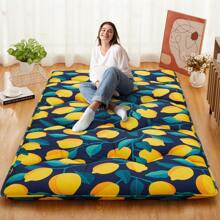 Twin/Full Size Japanese Futon Mattress, Modern Foldable Thick Tatami Floor Mat With Lemon Pattern, Portable Washable Sleeping Mat With Comfortable Foam For Camping, Dormitory, Blue Black Light Grey