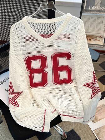 女士夏季情侣装超大码运动衫，宽松休闲数字印花优雅透明针织上衣