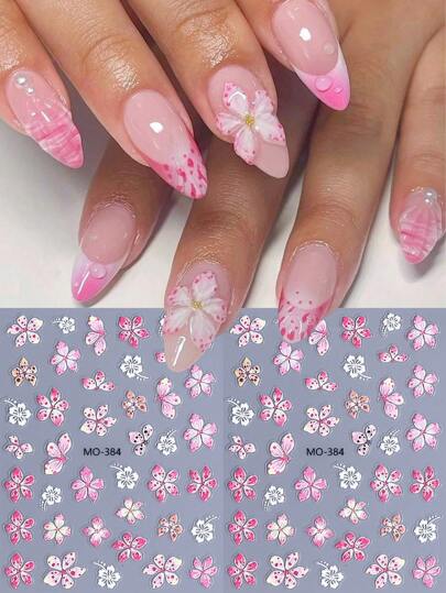 2pcs Pink White Hibiscus Lily Flower Nail Sticker Decals Embossed Hawaii Tropical Floral Petals Gradient Color Summer Nail Charms Stickers DIY Manicure Decoration For Salon Design Accessories Nails Nail Supplies