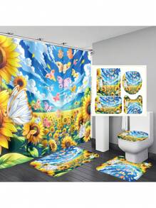 1 cái/4 cái Rèm tắm chống thấm nước đa chức năng họa tiết hoa hướng dương phong cách mùa hè có 12 móc, thảm chống trượt cho phòng tắm, thảm trải sàn hình chữ U, nắp bồn cầu tròn, bộ đồ dùng phòng tắm phù hợp với mọi tình huống - Nhiều màu - Xem 1