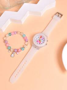1pc Kids White Silicone Strap Cute Cartoon Rabbit Pattern Glow In The Dark Round Dial Quartz Watch & 1pc Bracelet, For Daily Life - White - View 7