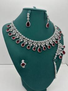 Ensemble De Bijoux Rouges De Luxe, Comprenant Un Collier, Des Boucles D'oreilles, Une Bague Et Un Bracelet, Cadeau Parfait Pour La Saint-valentin Et Un Ensemble De Mariée