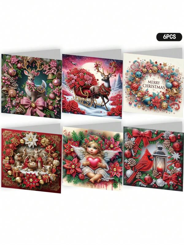 6 pièces Ensemble de cartes de vœux décorées de peinture aux diamants thème Noël créatif, œuvre d'art en strass 5D DIY unique, artisanat de cartes de Noël, matériau en papier de haute qualité, convient pour les fêtes et occasions spéciales - Cartes postales en art de strass fait main exquis, exprimant la chaleur et les meilleurs vœux