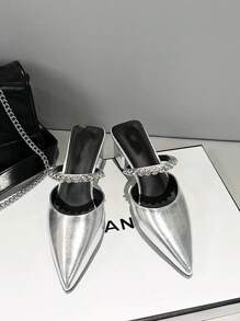 2025 New Arrival French Elegant Crystal Strap Slip-On Mule Heels, Pointed Toe | 2025 Summer New French Gorgeous Pointed Toe Crystal Silver Mid Heel Slide Sandals | 2025 New French Elegant Rhinestone Pointed Toe Thick Heel Slide Sandals, Summer - Silver - View 6