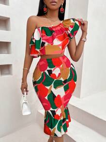 Amarilo Women's Floral Print Bandeau Top And Skirt 2 Pieces Set (Floral Pattern Random) - Orange Flower On White Background - View 1