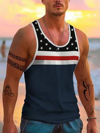 男士热带夏威夷风格椰子树 3D 数码印花无袖背心背心，健身海滩度假