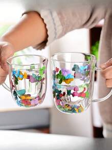 Tasse en verre avec poignée et fleurs séchées, Mug à café avec poignée, Tasse à thé au lait avec poignée, Verre à eau, Un choix de cadeau idéal ! Retour à l'école