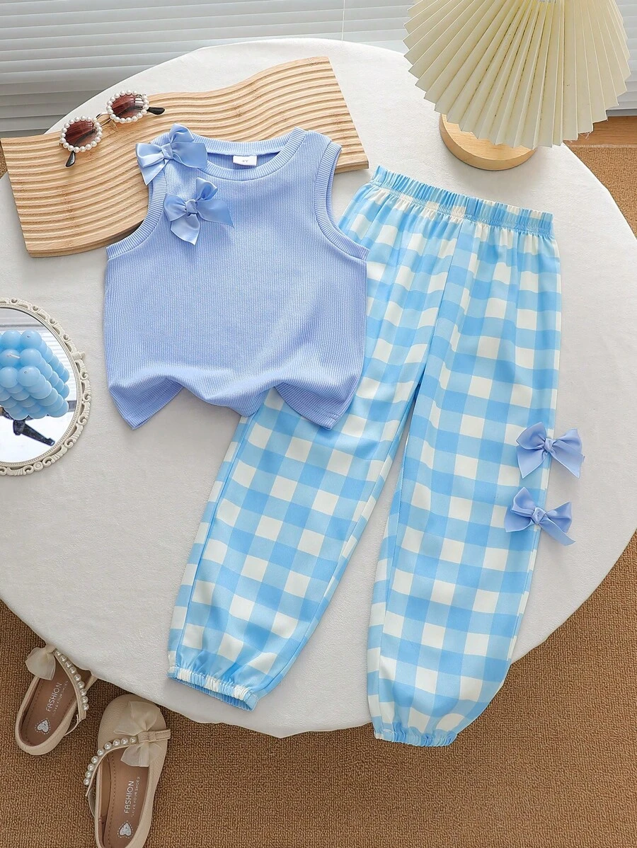 2件套少女无袖上衣和休闲裤套装，夏季时尚