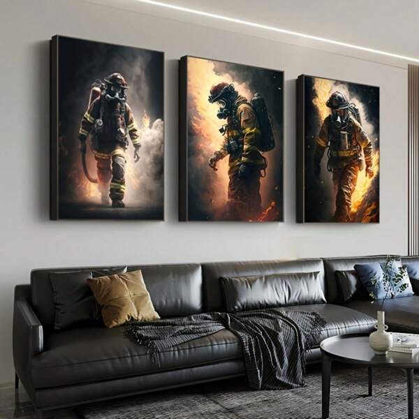 Set di 3 opere d`arte su tela dei pompieri in stile Art Deco - Poster senza cornice in stile glamour classico per casa, ufficio, soggiorno, camera da letto - Decorazione da parete in tela dipinta ad orientamento trasversale per tutte le stagioni