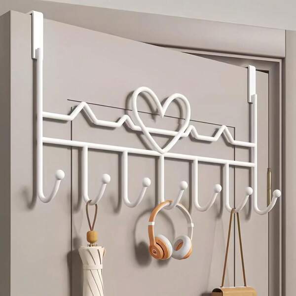 Fashionable White Heart-Shaped Design Door Storage Rack - Equipped With 7 Hooks, Easy To Install, With A Metal Structure That Can Hang Towels, Clothes, Hats, Wallets, And Bathrobes - Perfect For Home Decoration And Hanging Clothes.