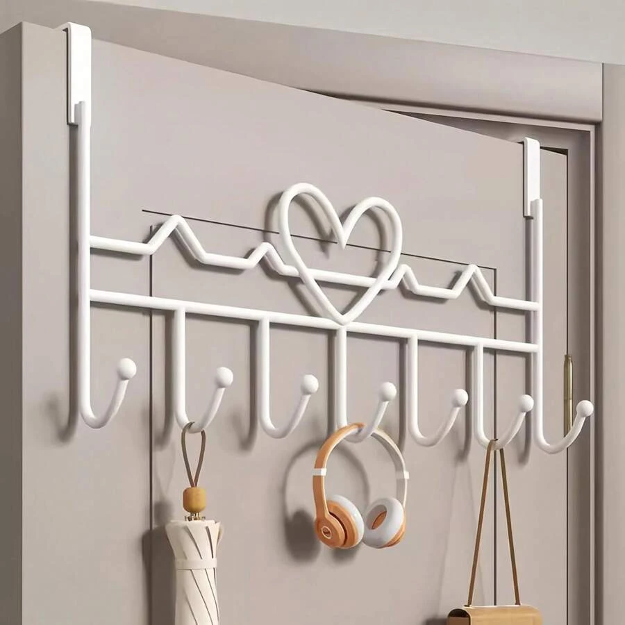 Fashionable White Heart-Shaped Design Door Storage Rack - Equipped With 7 Hooks, Easy To Install, With A Metal Structure That Can Hang Towels, Clothes, Hats, Wallets, And Bathrobes - Perfect For Home Decoration And Hanging Clothes.