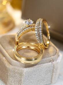 3 件优雅叠戴戒指，镶满闪亮锆石订婚/结婚戒指，晚会装饰礼物，送给爱人