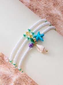 3pcs/Set Minimalist Devil Eye, Starfish, Seashell Bead Bracelet/Anklet Set, Suitable For Beach Vacation, Travel, And Party Wear - Multicolor - View 3