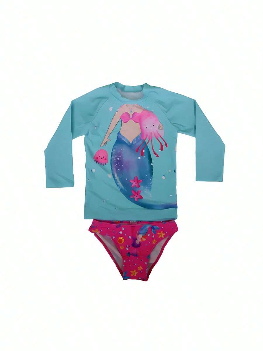 Traje de baño de manga larga con dibujo de sirena para niños - Azul - Ver 1