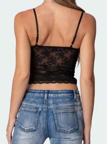 Women's Lace Cami Tops Sleeveless Spaghetti Strap Tie-Up Front Floral Cropped Camisole Shirts - màu đen - Xem 5