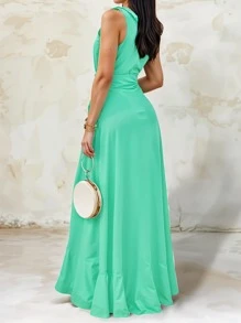 Women's Elegant Off Shoulder Deep V Neck Ruffle Leg Slit Maxi Dress - Mint Green - View 2
