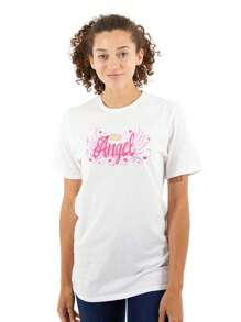Christian Womens Graphic Tee Shirt Airbrushed Christian Valentine's Day Angel Wings Halo Hearts Love Ladies Casual Fashion Cotton Printed Short Sleeve Crewneck Tshirt - White - View 1