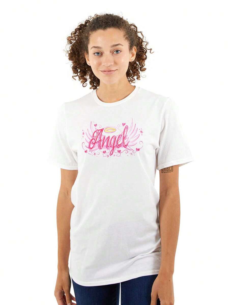 Christian Womens Graphic Tee Shirt Airbrushed Christian Valentine's Day Angel Wings Halo Hearts Love Ladies Casual Fashion Cotton Printed Short Sleeve Crewneck Tshirt - White - View 1