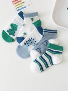 5 Pairs Kids Cartoon Dinosaur Mesh Net Mid-Calf Socks, Breathable Moisture Wicking Suitable For Daily Wear, Spring/Summer