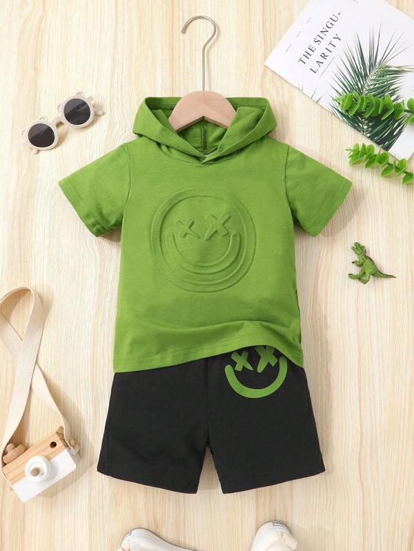Set de 2 piezas, informal y lindo para niños pequeños, de algodón, suave, cómodo, transpirable, con capucha con estampado 3D de cara sonriente y pantalones cortos deportivos de unicolor, adecuado para el verano, el día a día, vacaciones y fiestas