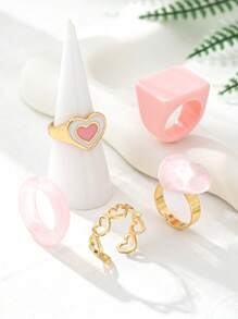 5 件彩色树脂心形戒指，女士时尚首饰套装，适合约会、母亲节、节日、海滩派对、礼物