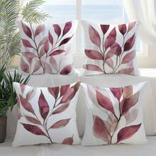 4 piezas Funda de almohada con estampado de hojas en acuarela rosa y púrpura, de 17.7*17.7in (45*45cm) / 19.69*19.69in (50*50cm), de poliéster, impresa por un solo lado, solo funda (sin relleno de almohada), decoración para el hogar, sofá, cama, coche, etc.