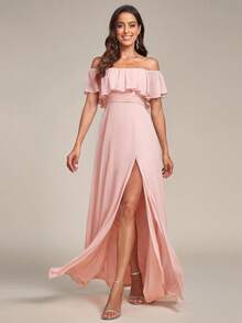 EVERPRETTY Off-Shoulder Ruffle Sleeve Side Slit A-Line Chiffon Pink Bridesmaid Dress, Wedding Guest Dress, Wedding/Vacation/Graduation Ceremony - Pink - View 5