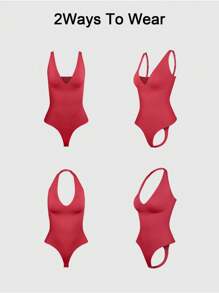 Loungeista 1pc Women's Seamless Shapewear Jumpsuit, Convertible Design With Detachable Straps, Tummy Control And Butt Lift, Full Body Shaping For Outdoor/Bikini Wear - Red - View 2