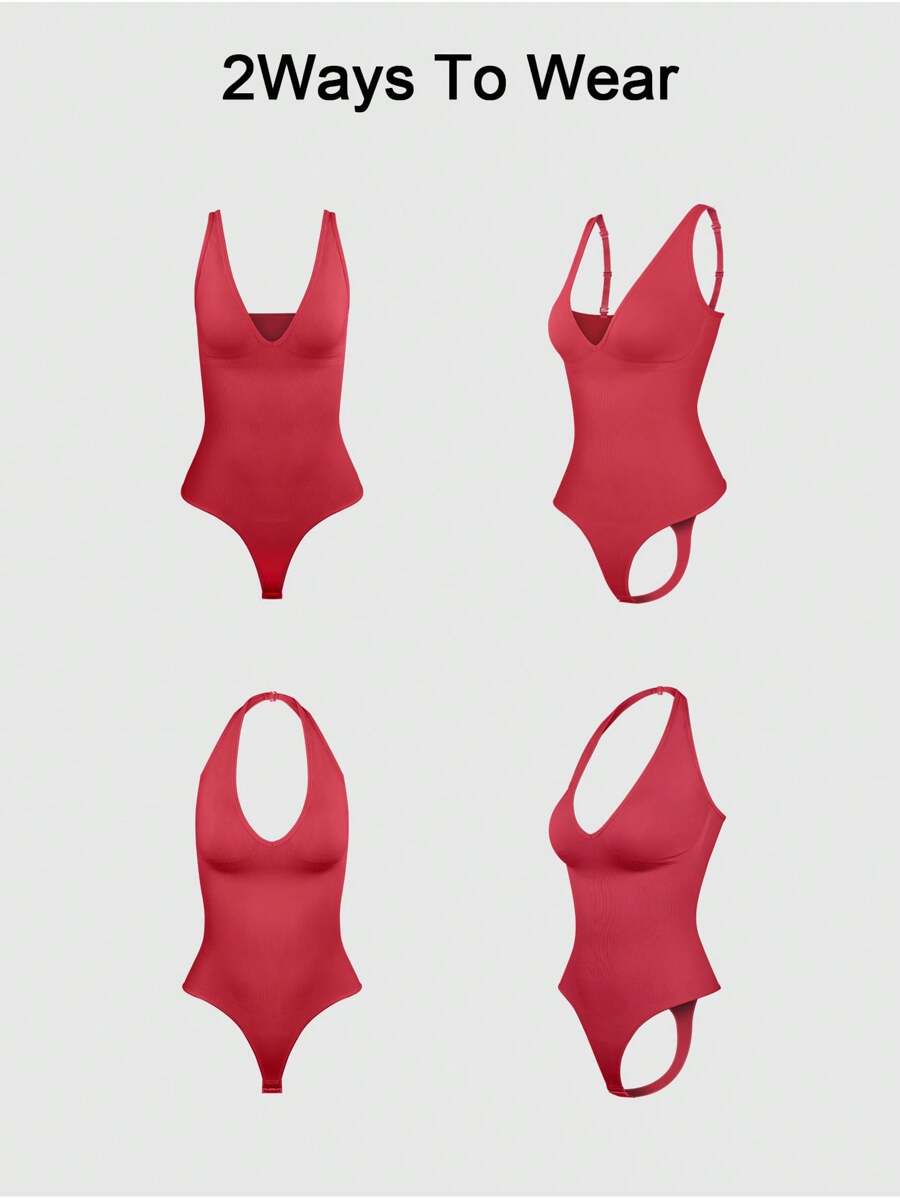 Loungeista 1pc Women's Seamless Shapewear Jumpsuit, Convertible Design With Detachable Straps, Tummy Control And Butt Lift, Full Body Shaping For Outdoor/Bikini Wear