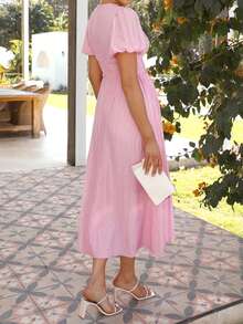 PoPoHouse Women's Solid Color Dress, V-Neck Puff Sleeve Design, Suitable For Vacation, Spring/Summer, Valentine's Day And Other Occasions - Pink - View 5