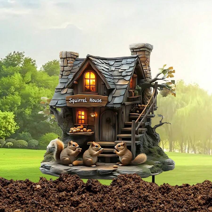 1 件乡村风格 2D 亚克力松鼠屋花园桩，适用于草坪和花园 - 完美的乔迁和花园派对礼物