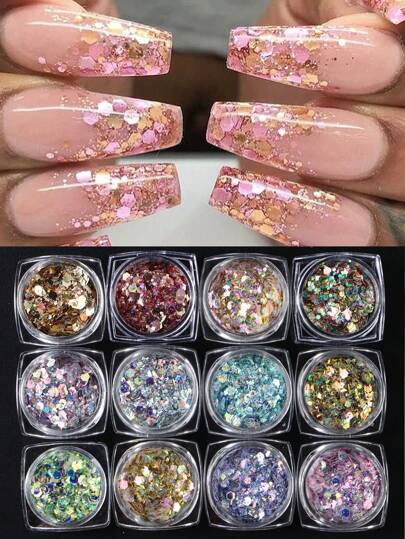 Set de 12 cajas de Purpurina y Lentejuelas de Sirena para Decoración de Uñas - Mezcla de Escamas Hexagonales Brillantes, Holográficas y Polvos para Manicura DIY, Encantos y Gemas para Uñas