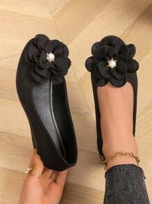 Nuevos zapatos planos con decoración floral de perlas, cómodos bailarinas de punta redonda y tacón bajo para mujeres