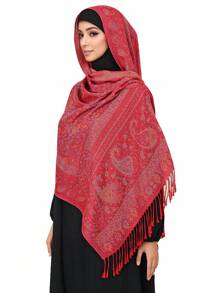 1 件复古佩斯利和格子锦缎印花羊绒围巾，柔软休闲波西米亚流苏披肩，适合日常通勤、旅行、外套装饰 - 彩色 - 查看 10