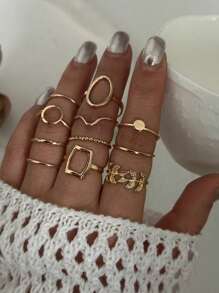 11pcs Geometric Leaf Ring Set, Creative Metal Knuckle Rings Suitable For Women's Daily Wear, Wedding, Party, Holiday, Beach, Great Gift For Girlfriend, Mom, Friends - Gold - View 2