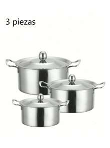 3 Piezas Batería de Cocina de Acero Inoxidable de , Batería de Cocina de Acero Inoxidable de Doble Asa, Batería de Cocina con Tapa, Placa de Inducción, Utensilios de Cocina - Plateado - Ver 7