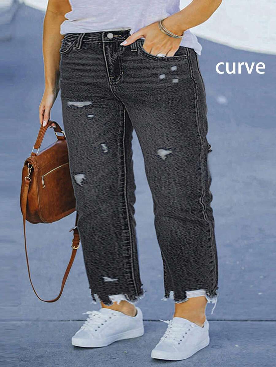 Plus Size Women Casual Loose Ripped Waist Elastic Waist Jeans, Versatile Street Style - Black - View 1