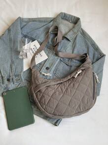 Women Simple Shoulder Bag Embroidery Crossbody Bag, Solid Color Convenient Handbag For Outing And Travel, Autumn/Winter - 灰色 - 查看 6