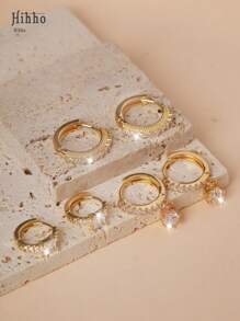 Hihho 6pcs Elegant Geometric Cubic Zirconia Inlay Square & Round Zirconia Charm Earrings Set, Fashion Jewelry Gift For Women - Yellow Gold - View 6