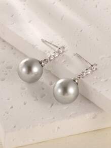 1 Set de Joyería elegante y suave con cubic zirconia en tono plateado, aretes y collar de perla gris simulada de plata esterlina 925, adecuado para uso diario de mujeres y como regalo
