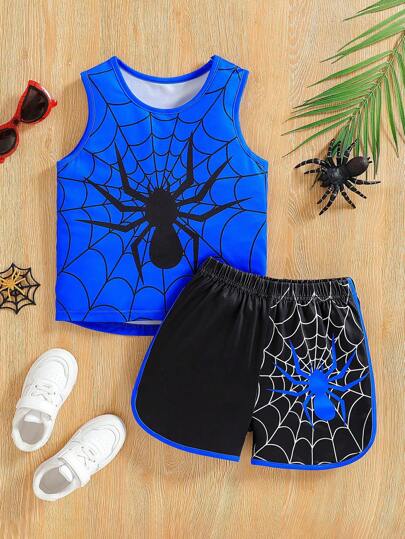 2pcs Young Boy Summer Spiderweb Print Round Neck Top & Shorts Set, Korean Style