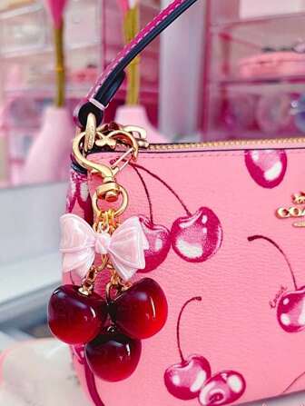 1pc Plus Size Resin Cherry Key Chain With Gold Leaf & Lobster Clasp Charm, Shiny Cherry Pendant Decoration For Women Fashion Bag Car Accessories Bag Charm School