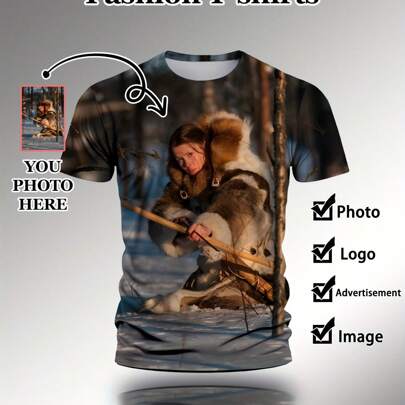 Customized Opaque Material 3D Printed T-Shirt For Men, Personalized Photo Design, Casual Short Sleeve, Lightweight Polyester Fiber, Machine Washable, Suitable For Summer Outdoor Activities Ornamental,Dawg Stylish,Fashion,Hipster,Contracted,Easy Costume,Modest Fashion,Minimal Chic,Casual Custom,Unique,Personalized Ideal Gifts For Him Family,Boyfriend,Friends,Children