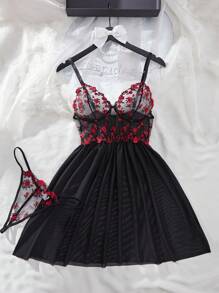 Vestido de tirantes transparente y sexy con encaje en contraste de unicolor y malla para mujer